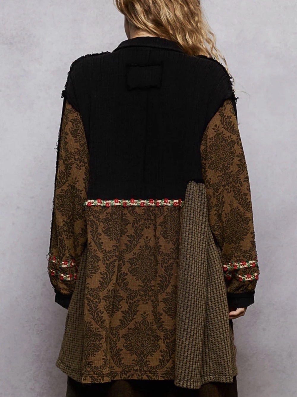 Boho POL Vivienne Majestic Bloom Long Jacket patchwork button-down top Sz Lrg - Picture 3 of 4
